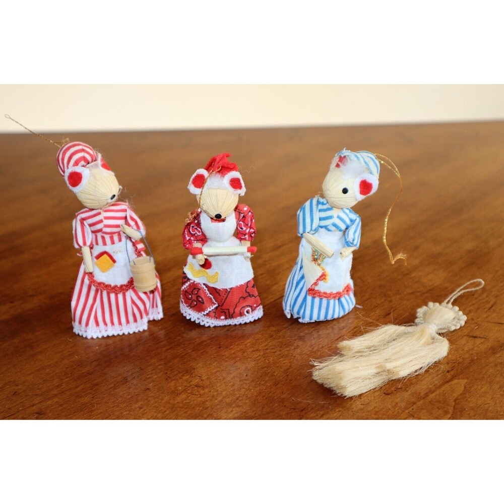 Lot 4 Corn Husk Christmas Ornaments Vintage Mouse Mice 4" Horsehair (?) Angel - Picture 13 of 13